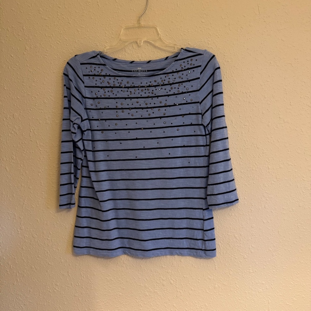 XS Talbots blue striped boatneck top with studs on front - Picture 6 of 7